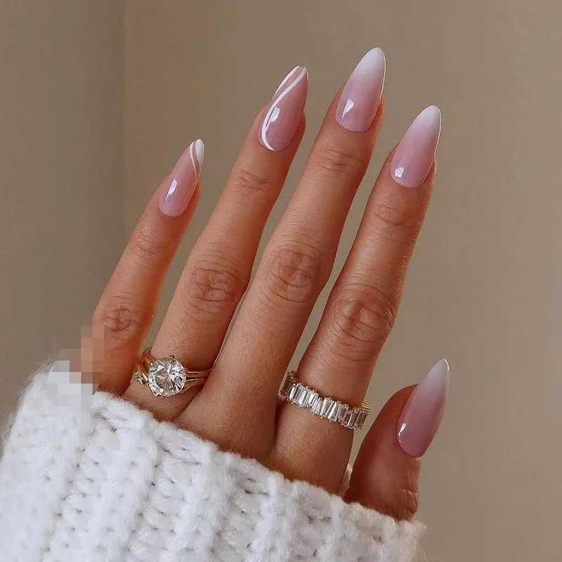24pcs/box Ballerina Flase Nail Tips Colorful Ribbon Design Nail Art Almond Style Fake Nails Press on Nails Removable with GlueW250120