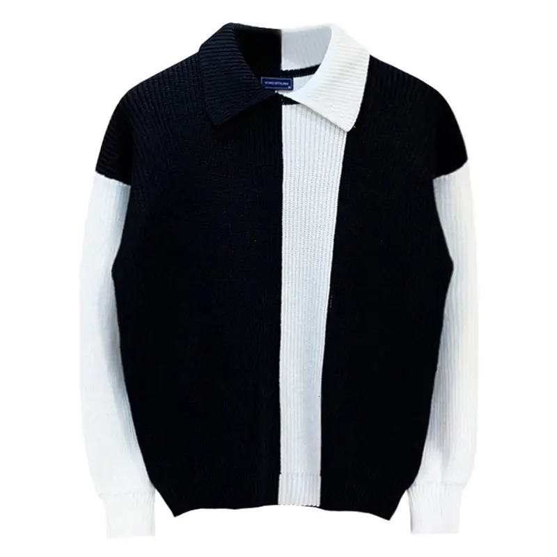 European American Trendy n Colorblocked Lapel Pullover for Men Casual Personalized Thickened Round Neck Sweaters 250114Z