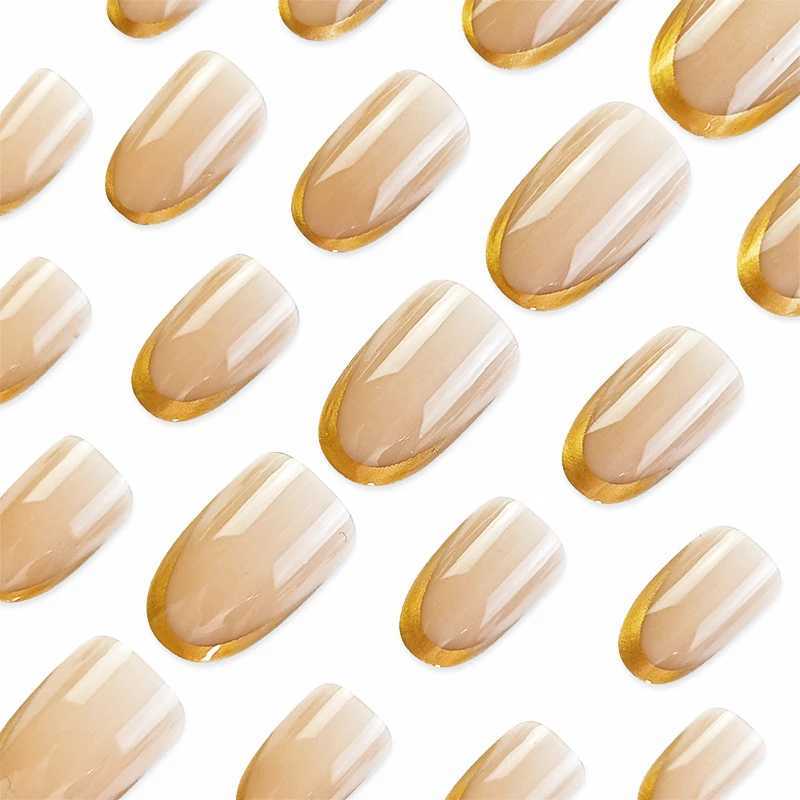 24Pcs Gold French Fake Nails With Jelly Gel Mid-length Almond Press on False Nails Wearable Round Head Oval Full Cover Nail TipsW250120