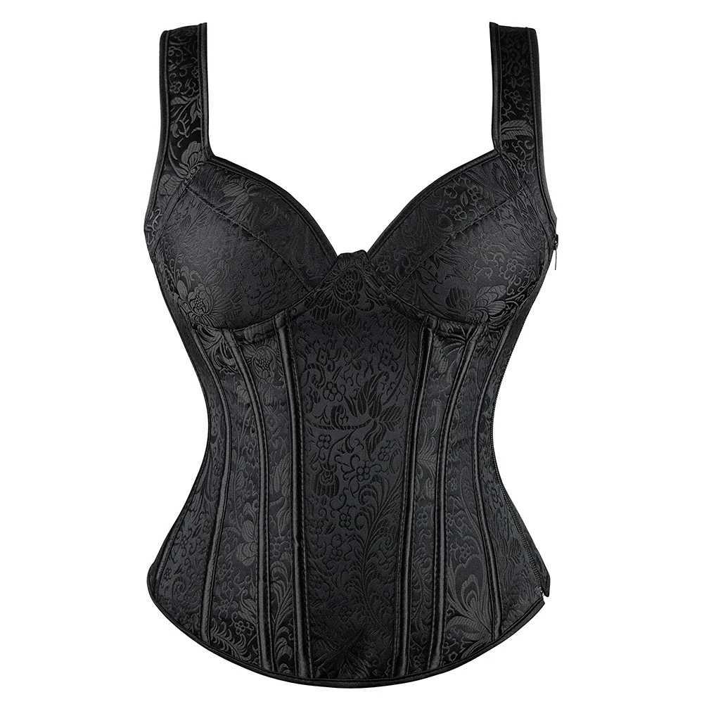 Sexy womens tight corset with shoulder straps plus size lace floral Gothic corset Brocade retro medieval full tank top W250120