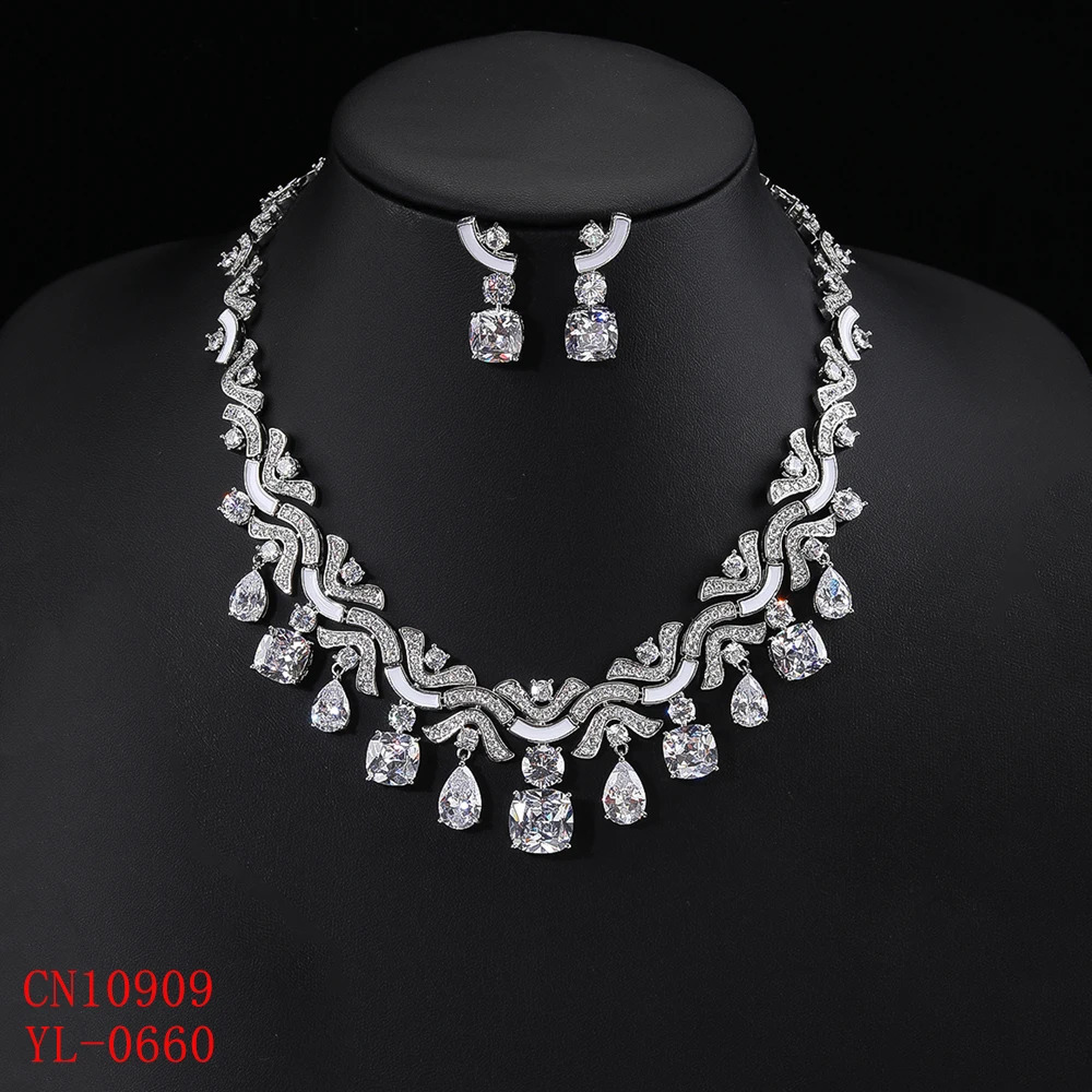 Cubic Zirconia Colors White Green Earrings Necklace Jewelry Sets for Women Bridal Wedding Costume Accessories CN1090 250118
