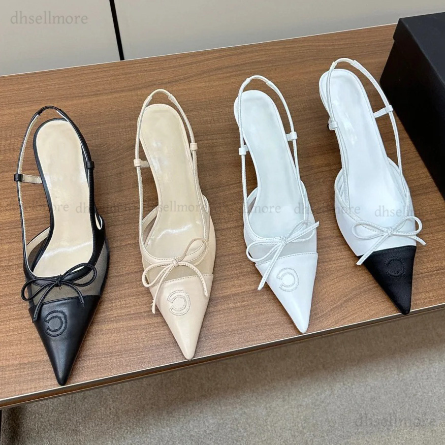 Top Quality Women pumps High Heels Pointy bow mesh sexy sandals Luxury Fashion slingback Classic Kitten heel Designer Women High Quality Single Shoes