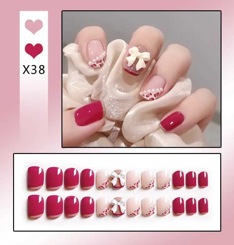 24PCS/Box Bowknot Rabbit Pattern l Short Square Designer Fashion Design French Style Full Covering Pressed Fake NailsW250120