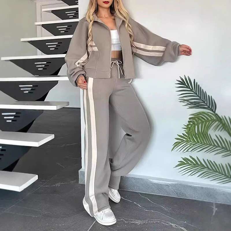 Y2k Clothes Women Striped Print Sportswear Set Fall Lapel Zipper Jacket Lace-Up Pants Outfit Casual Long Sleeve Winter Tracksuit