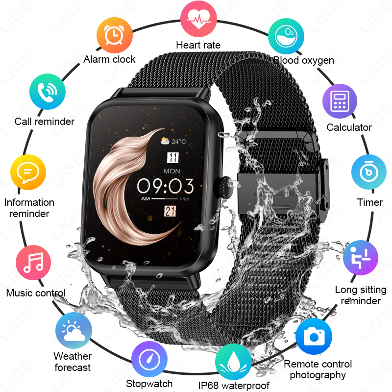 LIGE's latest Bluetooth smartwatch sports meter step multi-functional watch lift screen light sleep monitoring music control Bluetooth call Remot