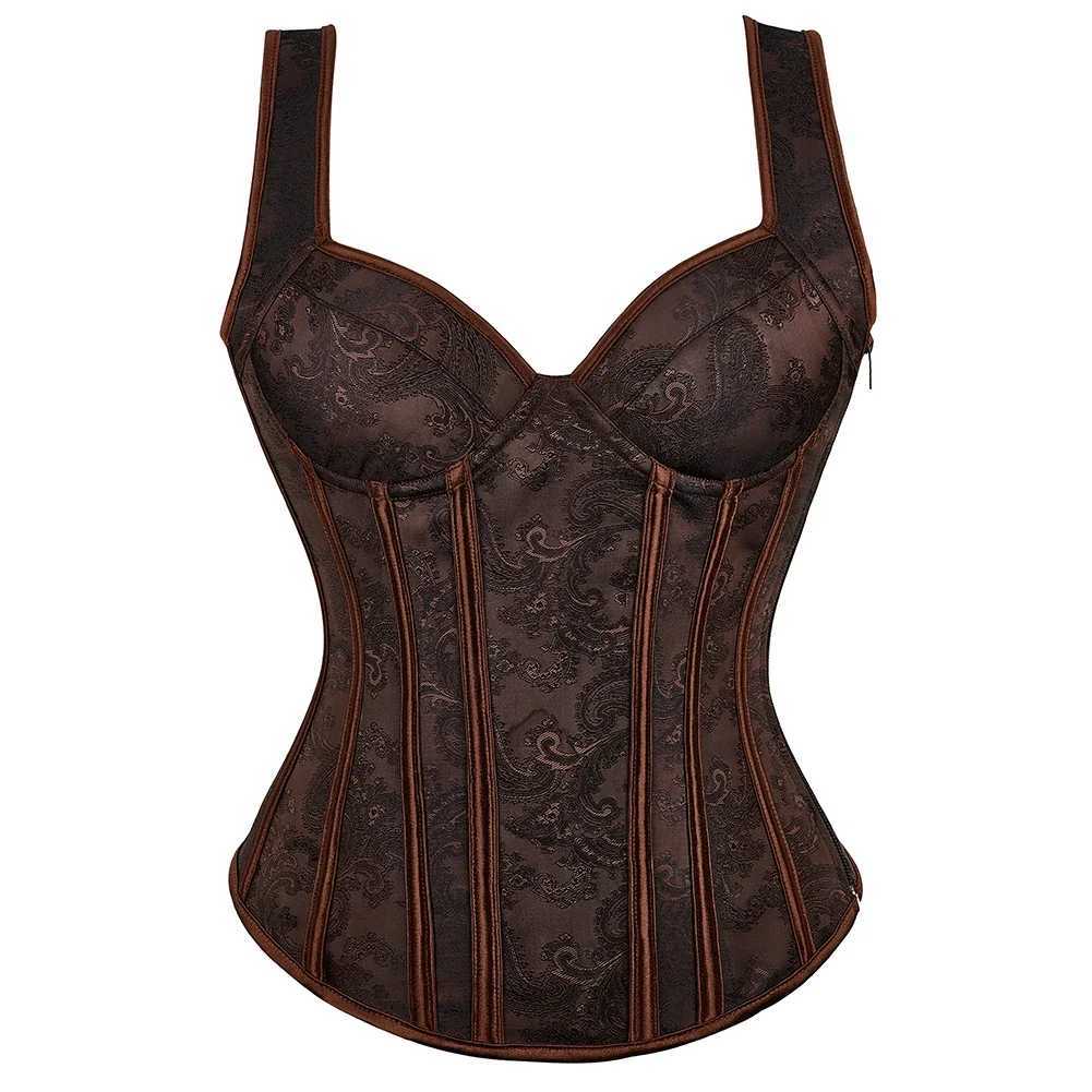 Sexy womens tight corset with shoulder straps plus size lace floral Gothic corset Brocade retro medieval full tank top W250120