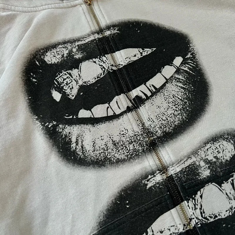 Y2K zip up Hoodie vintage 2000s print pattern Harajuku Hip Hop streetwear Casual Sweatshirt Hip Hop Goth Fashion Streetwear top 250113