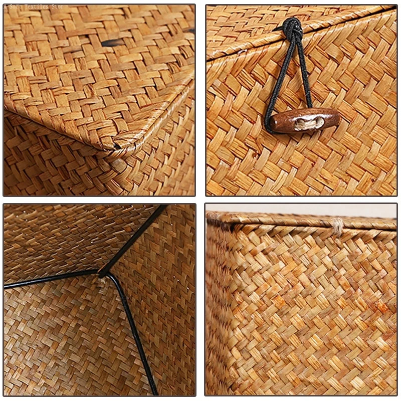 Woven Storage Basket Handmade Box Bath Laundry Baskets with Lid Sundries Clothes Organizer Bathroom Seaweed Towel Container 250116