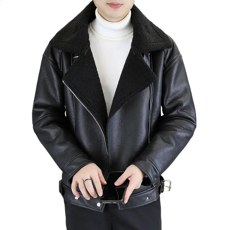 Korean Fur Integrated Jackets Men Winter Thick and Warm Versatile Casual Motorcycle Bike Jacket Social Streetwear Overcoat 250109