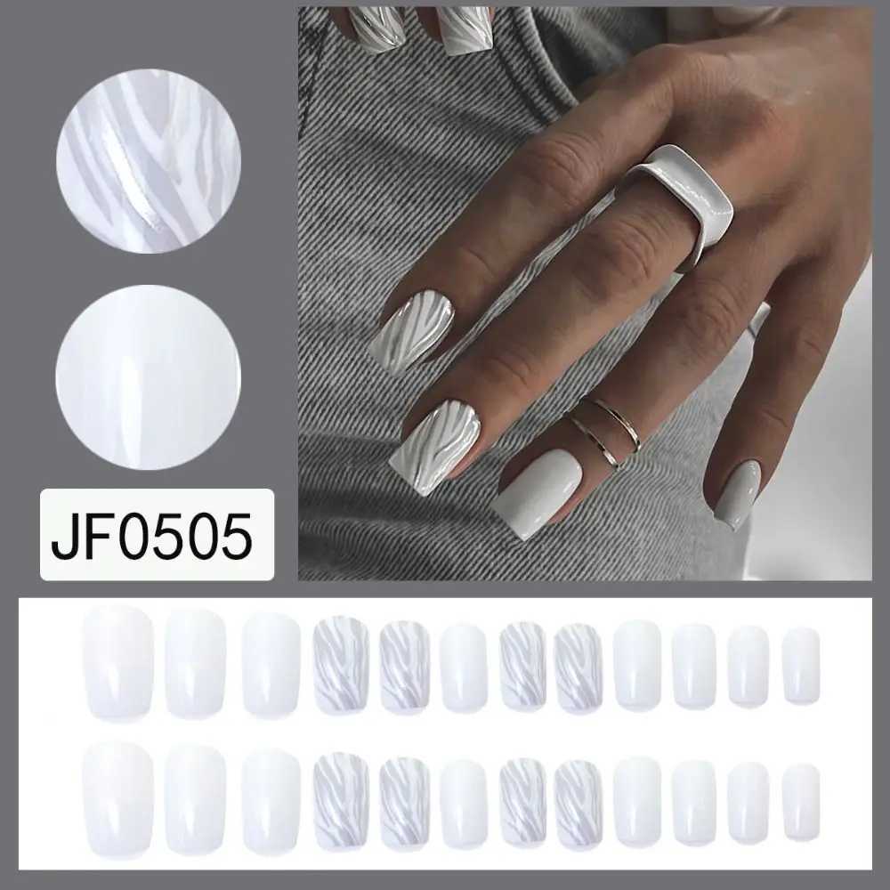 24PCS Short Square False Nails French White Edge Fake Nials Silver Flame Full Cover Press On Nails Detachable Ballerina Nail TipW250120