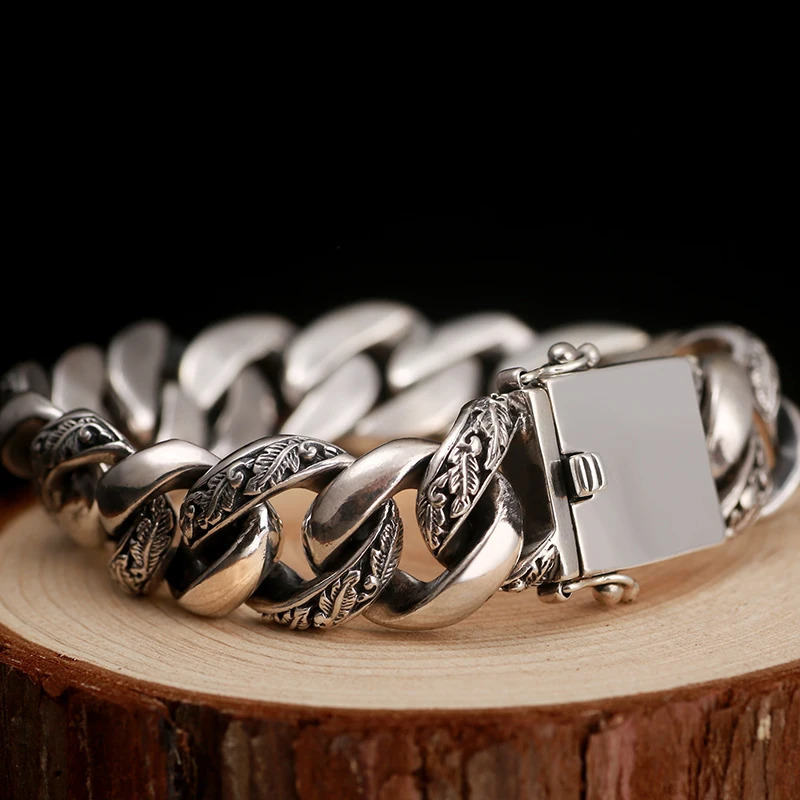 S925 Silver Vintage Cuban Bracelet Mens Trend Dominant Locomotive Europe and America Mens Bracelet 250117