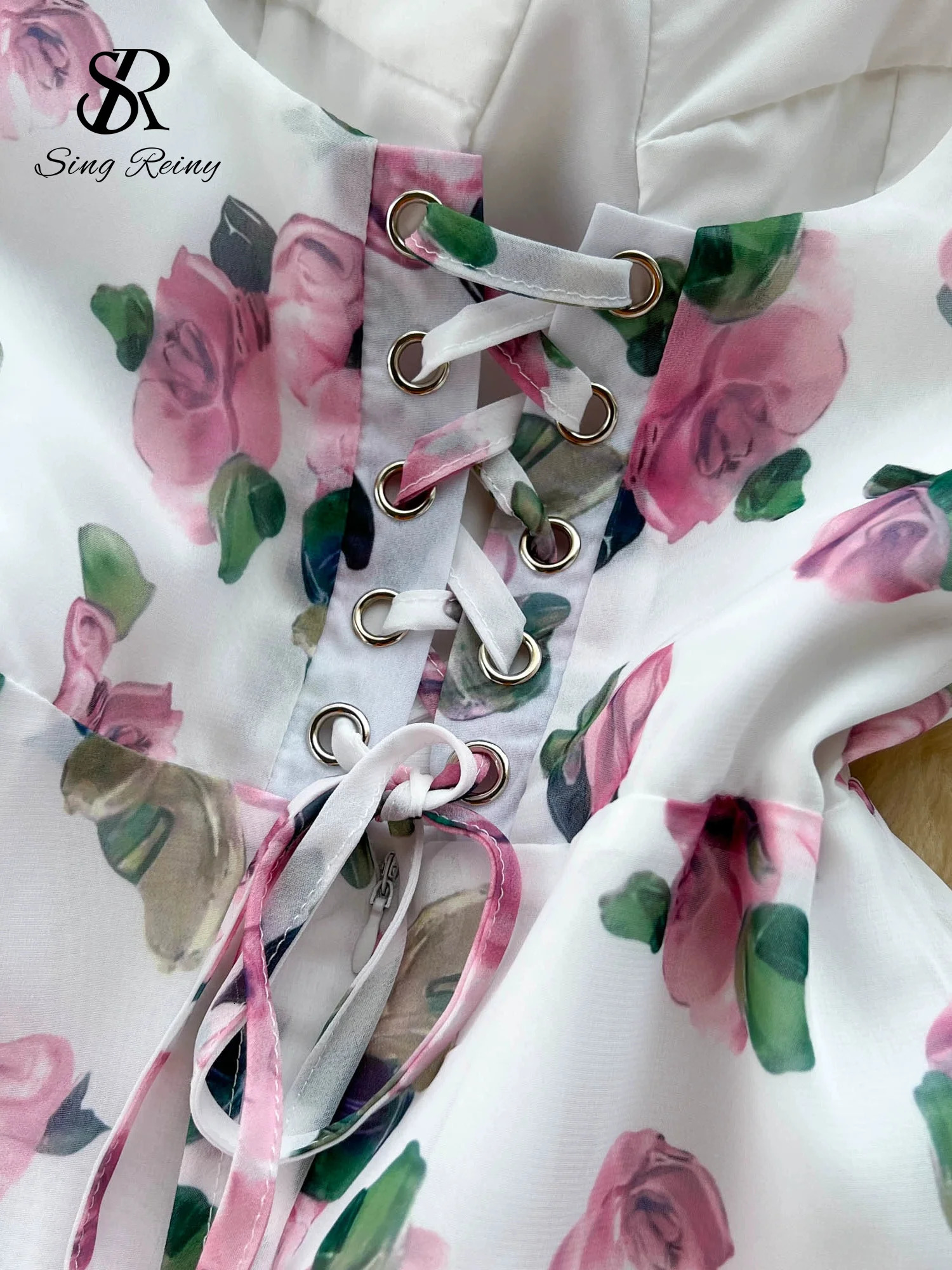 SINGREINY Beach Vacation Floral Print Dress Women Backless Lace Up Cross Bandage Ruched Korean sweet Fashion Party Long Dress 250117