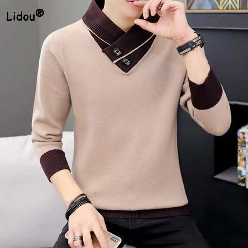 2023 Autumn Winter Mens Turtleneck Thick Long Sleeve Sweaters Korean Trend Solid Color Spliced Knitted Pullovers Male Clothes 250114Z