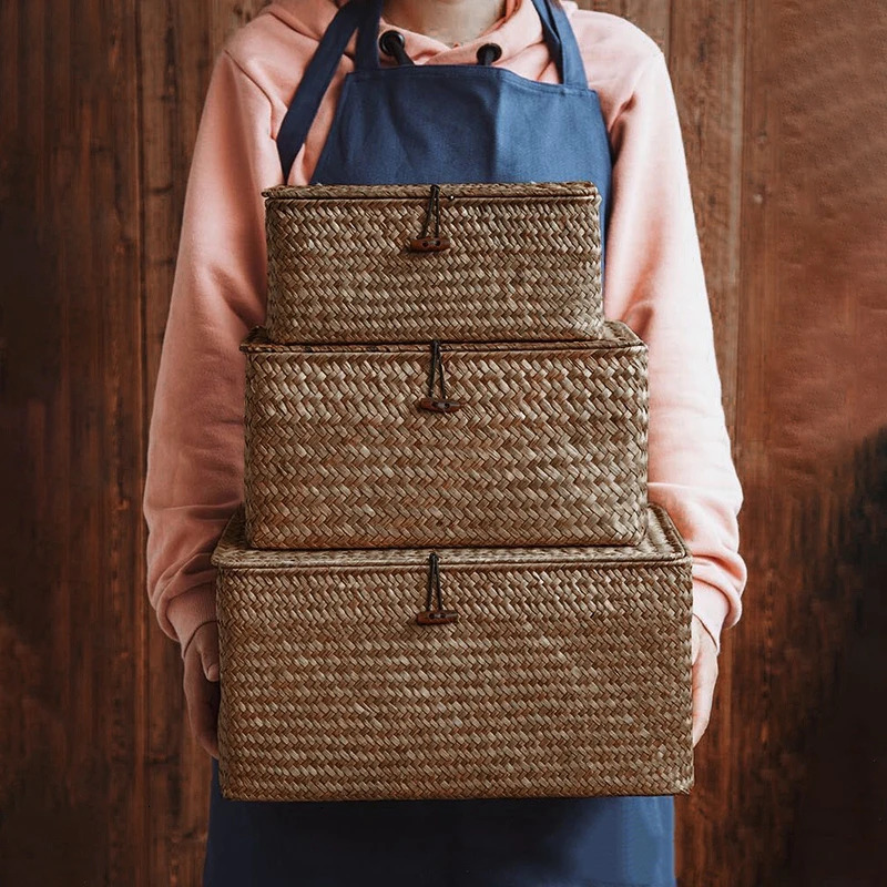 Woven Storage Basket Handmade Box Bath Laundry Baskets with Lid Sundries Clothes Organizer Bathroom Seaweed Towel Container 250116