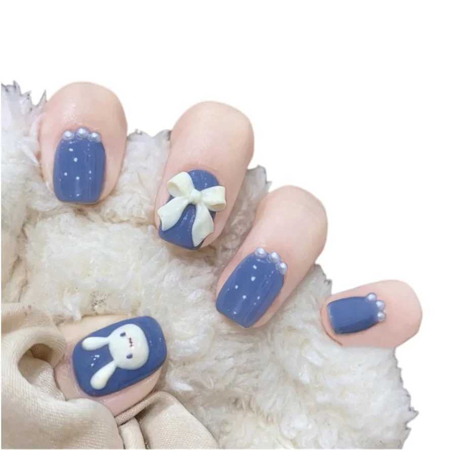 24PCS/Box Bowknot Rabbit Pattern l Short Square Designer Fashion Design French Style Full Covering Pressed Fake NailsW250120