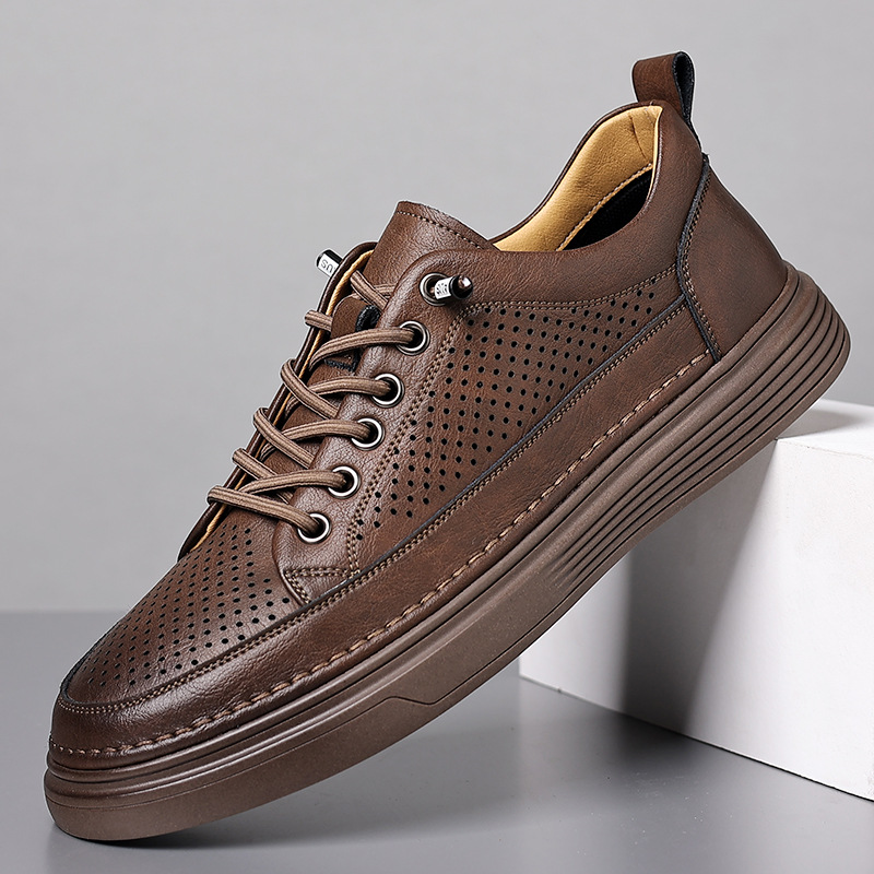 2025 Casual leather men's cowhide perforated business dress men's shoes summer breathable leather shoes driving shoes men