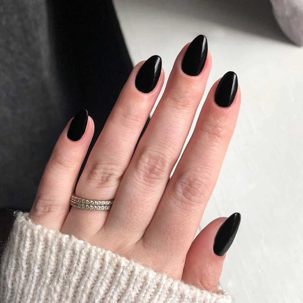 24pcs short false nail black oval nail press on nail can be disassembled for reuse minimalist style for women and girls dailyW250120