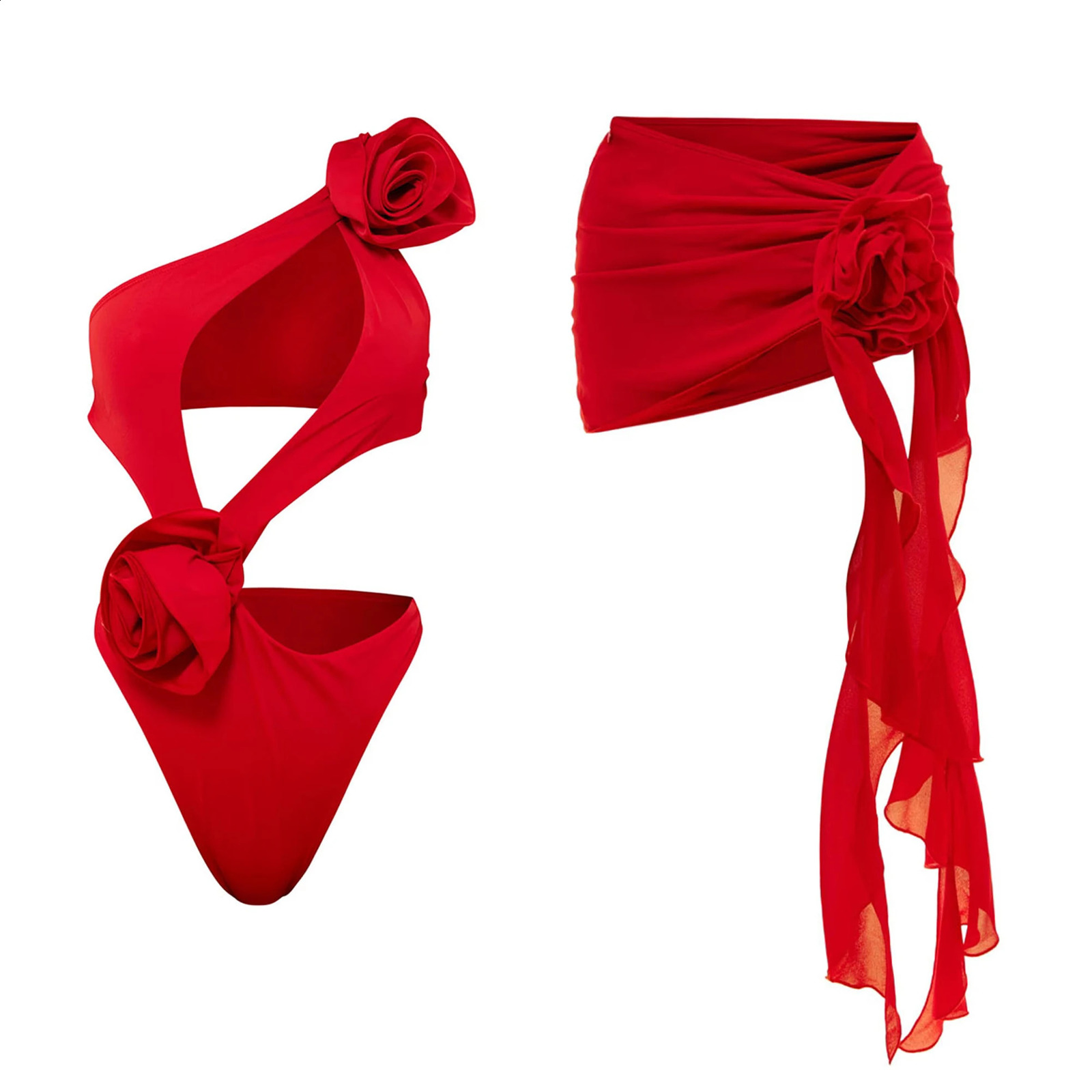 Red Flower Cut Out Asymmetric Swimsuit and Chiffon Drape Mini Beach Skirt Women Bathing Suit Summer Monokini Swim Suit 250109