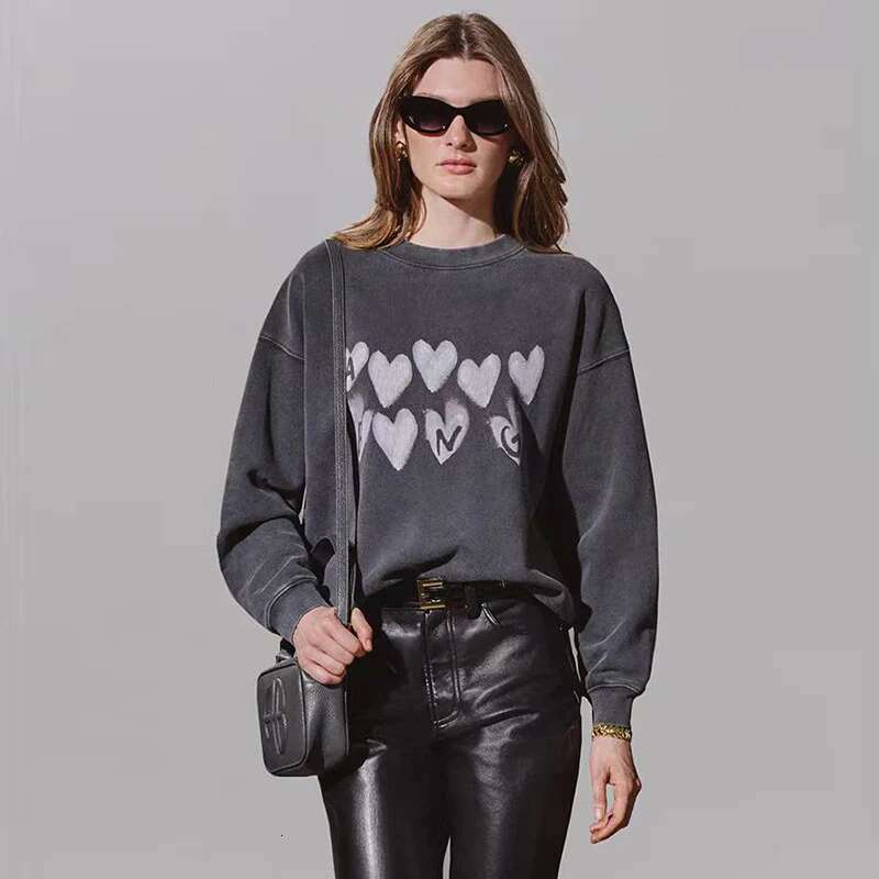 Winter New North American Niche AB Love Letter Printed Wash Water Stir Fried Color Distressed Black Gray Women's Hoodie