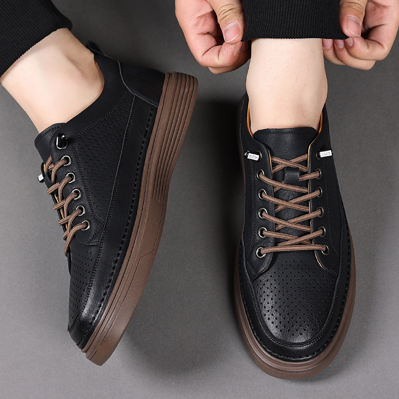 2025 Casual leather men's cowhide perforated business dress men's shoes summer breathable leather shoes driving shoes men