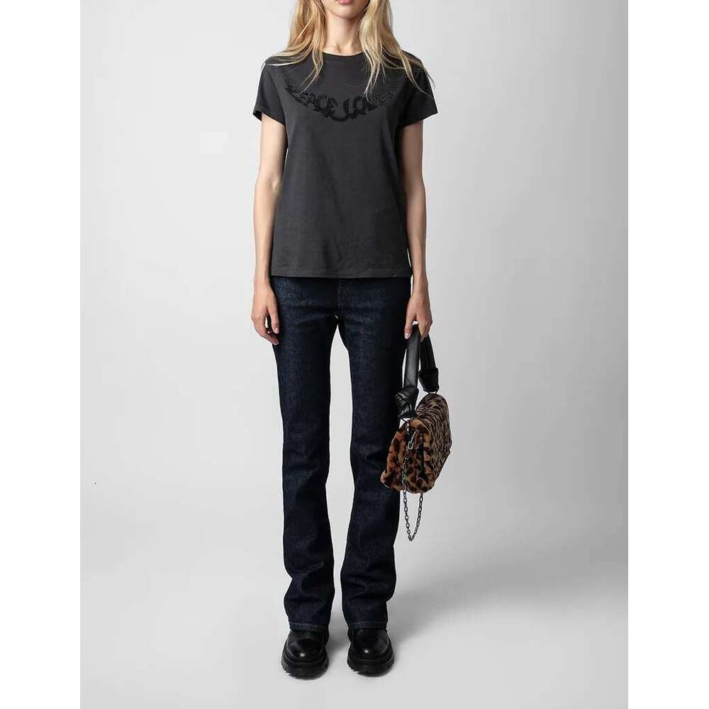 Spring And Summer French Niche ZV Printed Wings Hot Stamping Dia Washed Water Cotton Slim Fit Short Sleeved T-Shirt