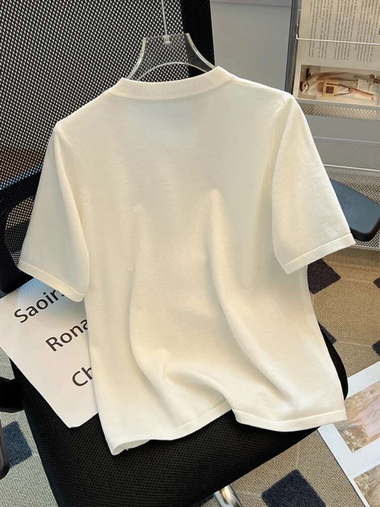 2024 Plus Size Hot Drilg Chain Loose T-Shirt Women Summer New Korean Style Elegant Casual Trendy Short Sleeve Top Base Shirt