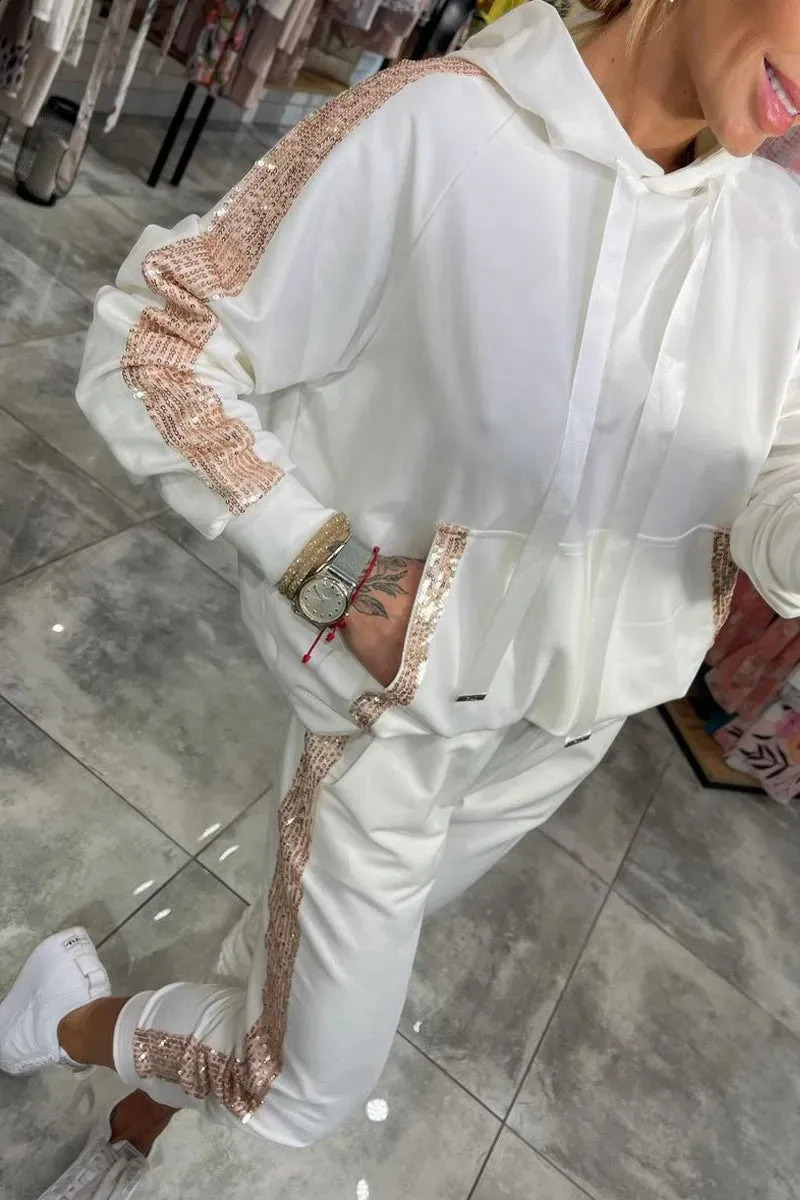 Autumn Winter Women Fashion Sequin Patchwork Sets Casual Stitching Hooded Sweater Suit Twopiece Set Femme 2 250120