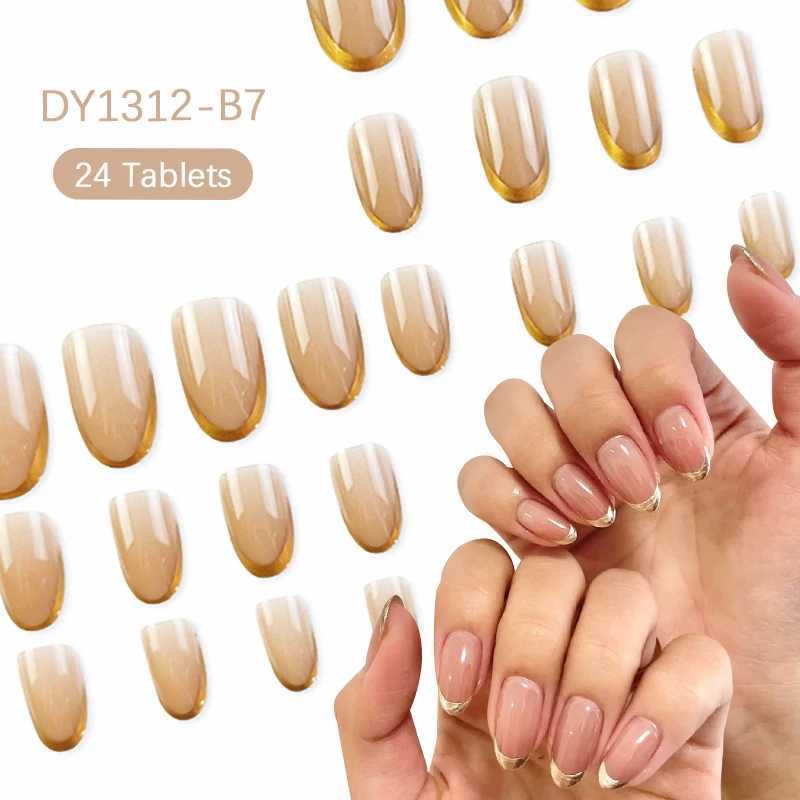 24Pcs Gold French Fake Nails With Jelly Gel Mid-length Almond Press on False Nails Wearable Round Head Oval Full Cover Nail TipsW250120