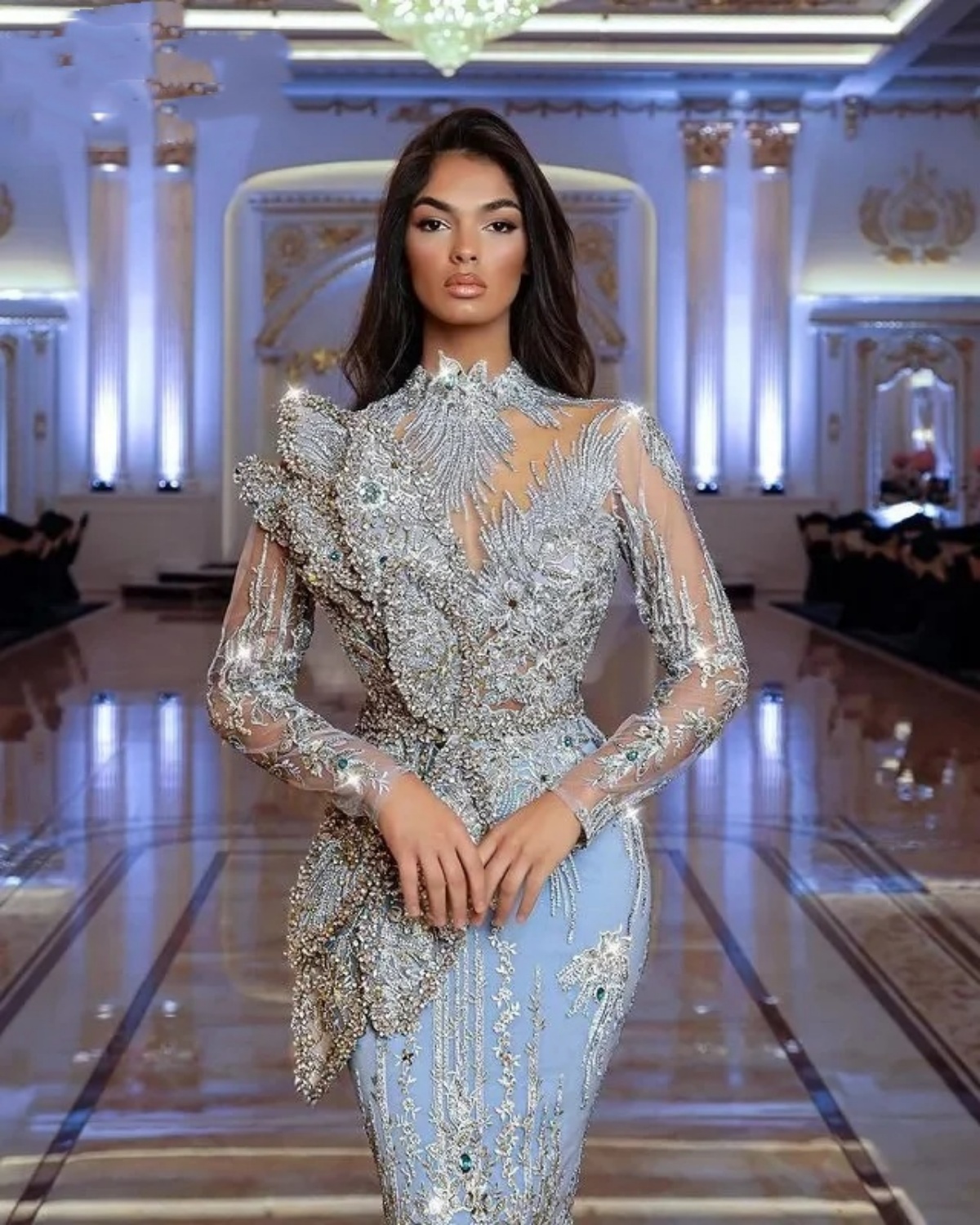 Customized Celebrity Dresses Long Sleeves Arabic Dubai Evening Gowns Crystals Full Beading Sequins Prom Party Dress