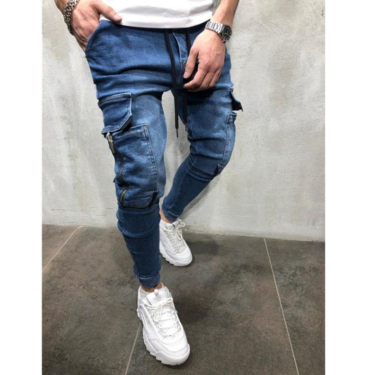 Mens Black Denim Slim Fit Jeans Male Skinny Pencil Pants Casual Cargo Pants Trousers with Pockets Straps Free Shipping