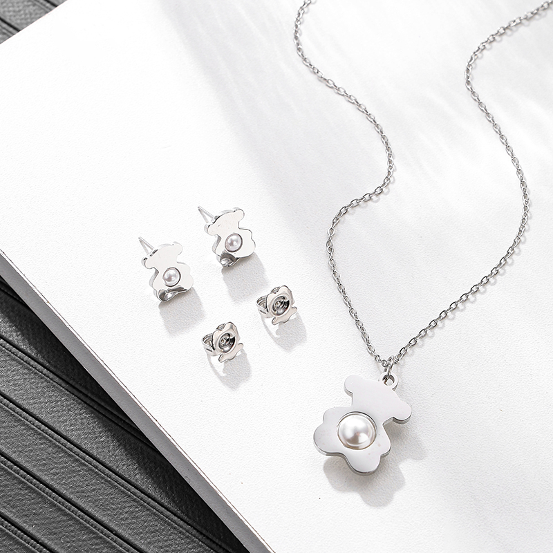 Fashion Women Silver Gold Stainless Steel Bear White Pearl Chain Pendant Earrings Sets Jewelry