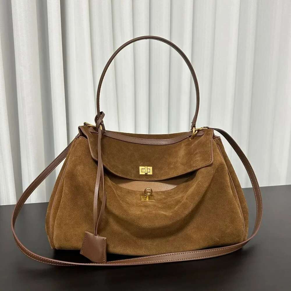 Brand Rodeo Genuine Leather Brown Suede Totes Gold Buckle Shoulder Bags Fashion Women Handbags