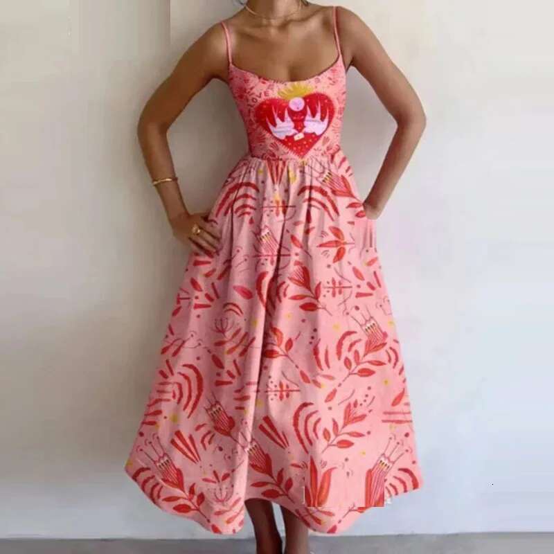 Summer New Women's Fashionable Fish And Shrimp Print U-Neck Pleated Waist With Large Swing Suspender Dress Sexy Maxi Vestidos