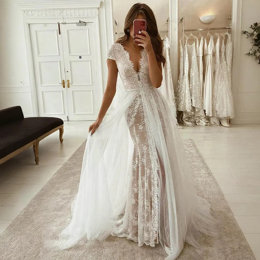 Beach A Line Wedding Dresses Deep V Neck Short Sleeves Gorgeous Fulllace Bridal Dress for Bride Tiered Tulle Marriage for African Arabic Black Women