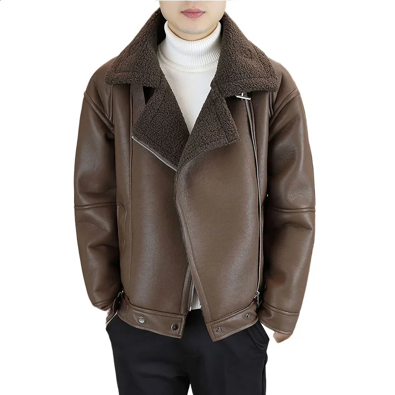 Korean Fur Integrated Jackets Men Winter Thick and Warm Versatile Casual Motorcycle Bike Jacket Social Streetwear Overcoat 250109