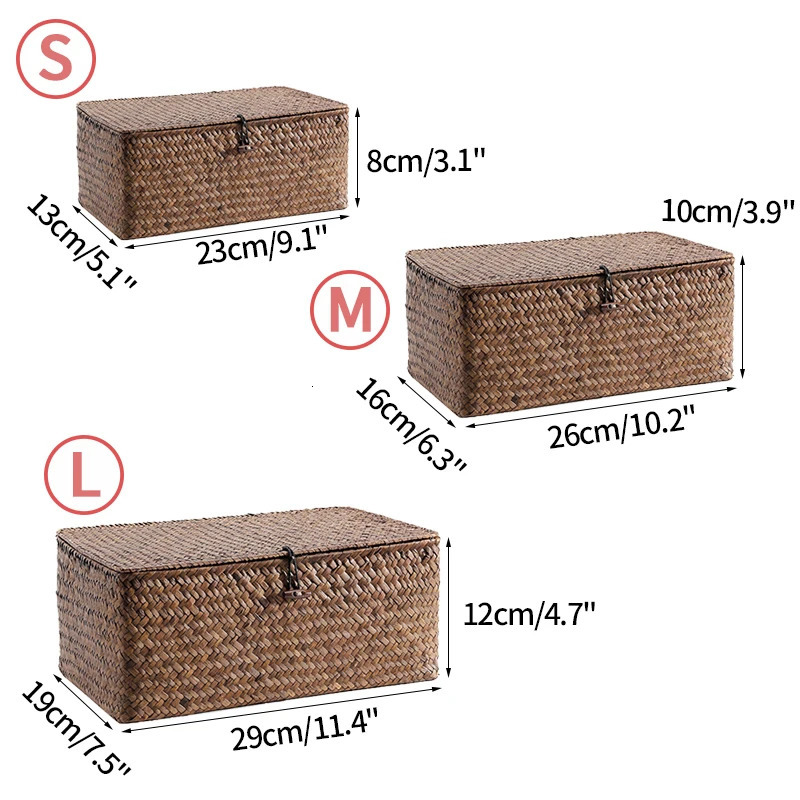 Woven Storage Basket Handmade Box Bath Laundry Baskets with Lid Sundries Clothes Organizer Bathroom Seaweed Towel Container 250116