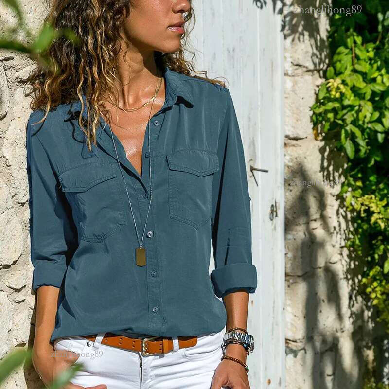 Women Pockets Designer Blouses Autumn Long Sleeve Turn-down Collar Solid Blouse Casual Loose Top Shirts Plus Size 5XL