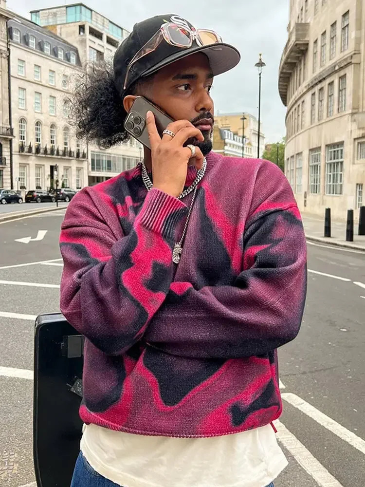 Street Y2k Tie Dye O Neck Knitted Pullover Mens Trendy Contrast Long Sleeve Sweater Jumper 2024 Male Harajuku Cashmere Knitwear 250114