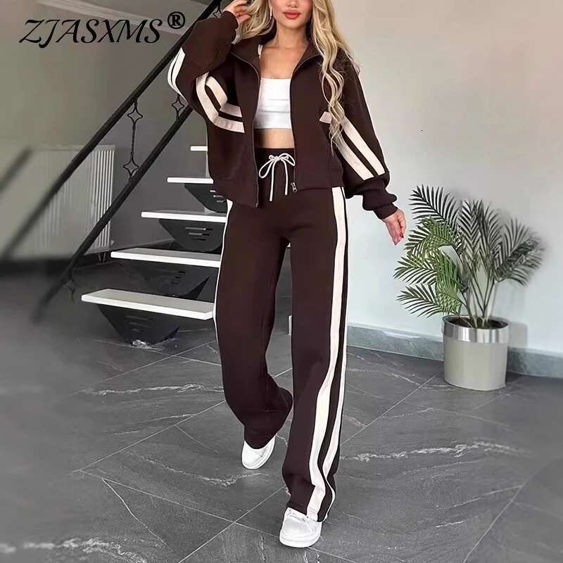 Y2k Clothes Women Striped Print Sportswear Set Fall Lapel Zipper Jacket Lace-Up Pants Outfit Casual Long Sleeve Winter Tracksuit