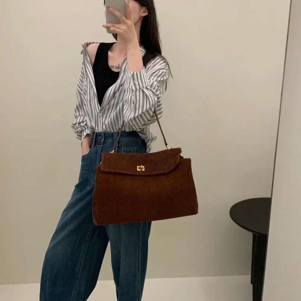 Brand Rodeo Genuine Leather Brown Suede Totes Gold Buckle Shoulder Bags Fashion Women Handbags