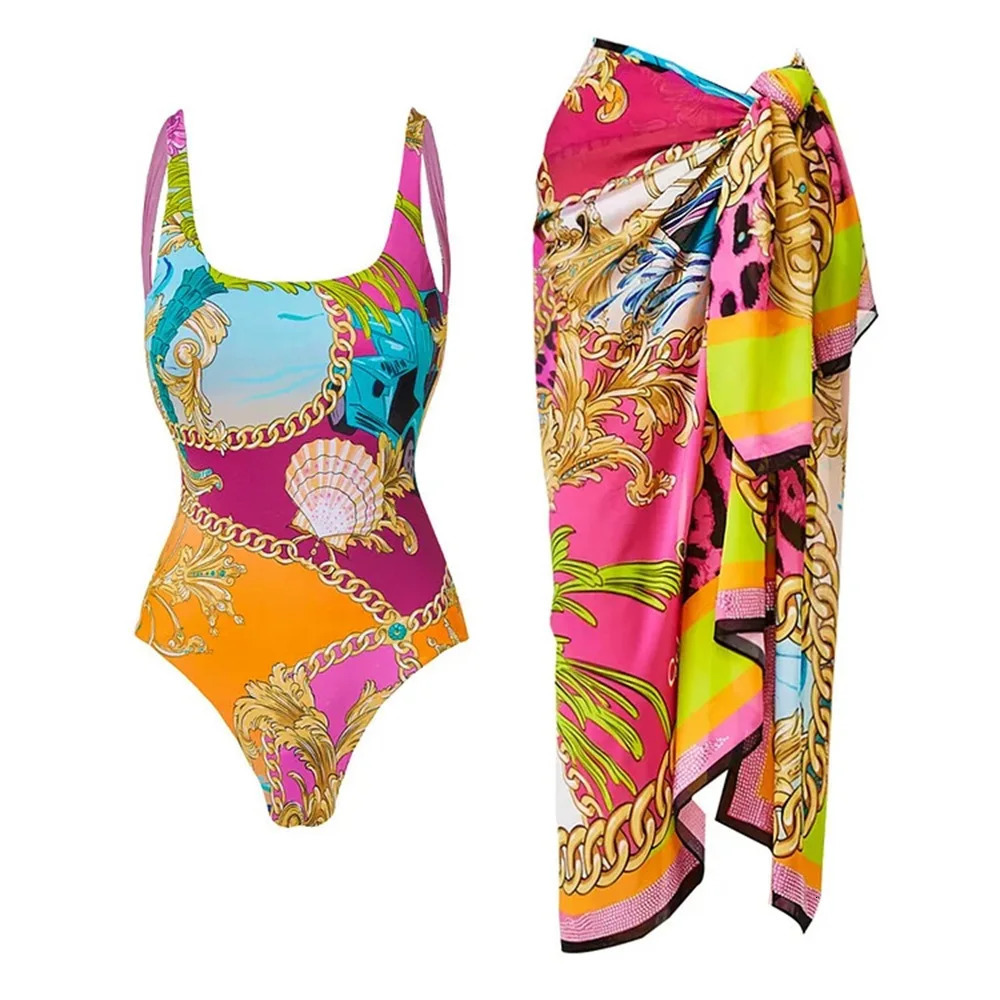 Push Up One Piece Swimsuit With Cover Up Sexy Swimwear Women 2025 Printed Swim Suits Female Bikinis Sliming Bodysuit Beachwear 250116