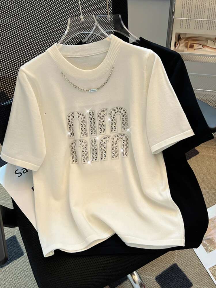 2024 Plus Size Hot Drilg Chain Loose T-Shirt Women Summer New Korean Style Elegant Casual Trendy Short Sleeve Top Base Shirt