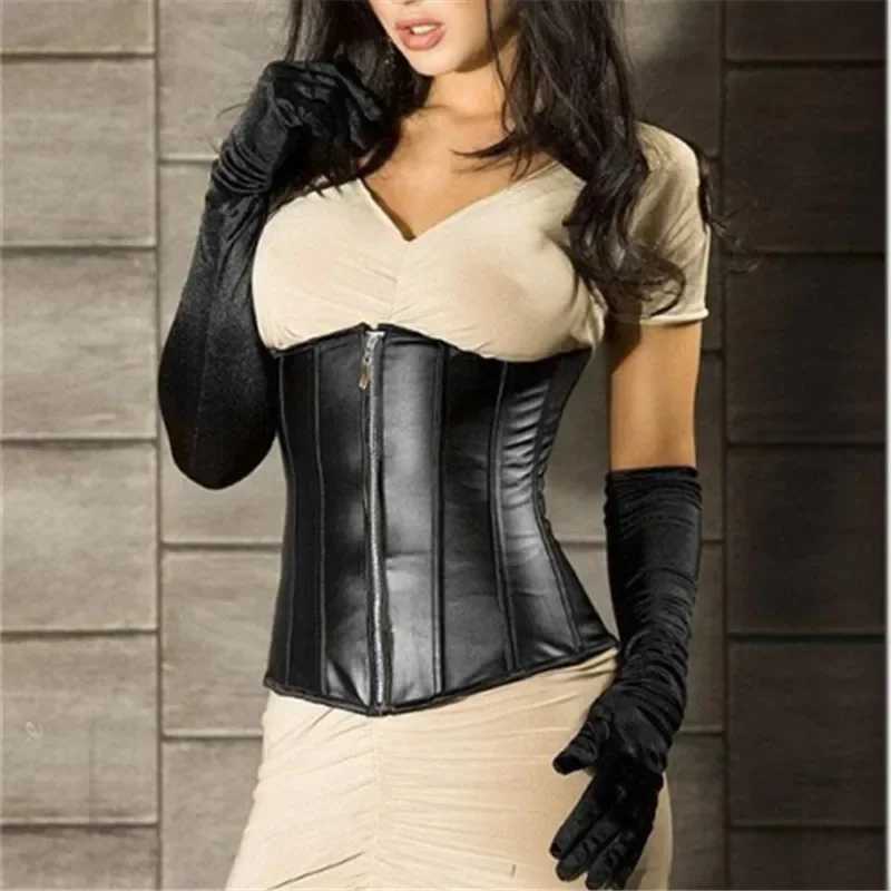 Black Corset Top for Women Gothic Faux Leather Zipper Sliming Underbust Bustier Waist Cincher Body Shaper Belt W250120