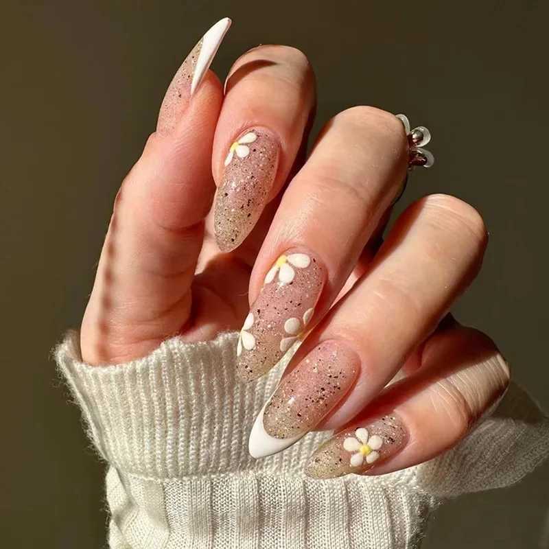24Pcs Simple Pink Press on Nails Shiny Glitter False Nail On Almond Fake Nails with Glue Wearable Acrylic Full Cover Nail TipsW250120