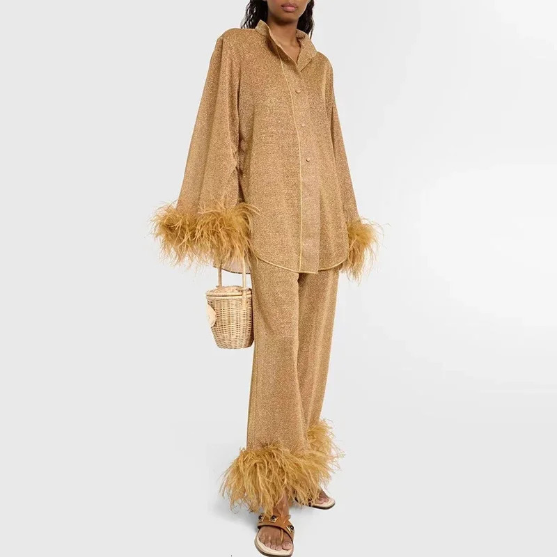Style Women Elegant Feathers Decoration Sets Spring Stand Collar Button Blouse Shirts Wide Leg Pants Outfits Solid Fall Suit Y2k 250107