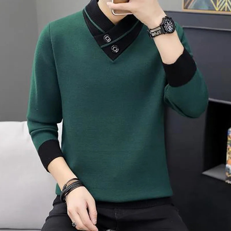 2023 Autumn Winter Mens Turtleneck Thick Long Sleeve Sweaters Korean Trend Solid Color Spliced Knitted Pullovers Male Clothes 250114Z