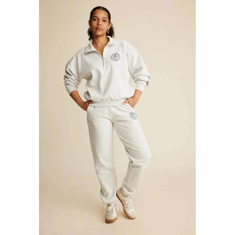 New North American Niche Sporty&Rich Zipper Semi High Neck Lion Letter Printed Fleece Sweatshirt