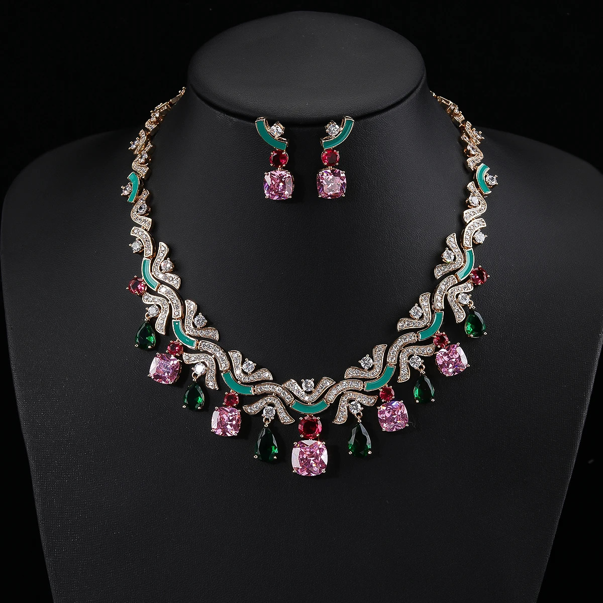 Cubic Zirconia Colors White Green Earrings Necklace Jewelry Sets for Women Bridal Wedding Costume Accessories CN1090 250118