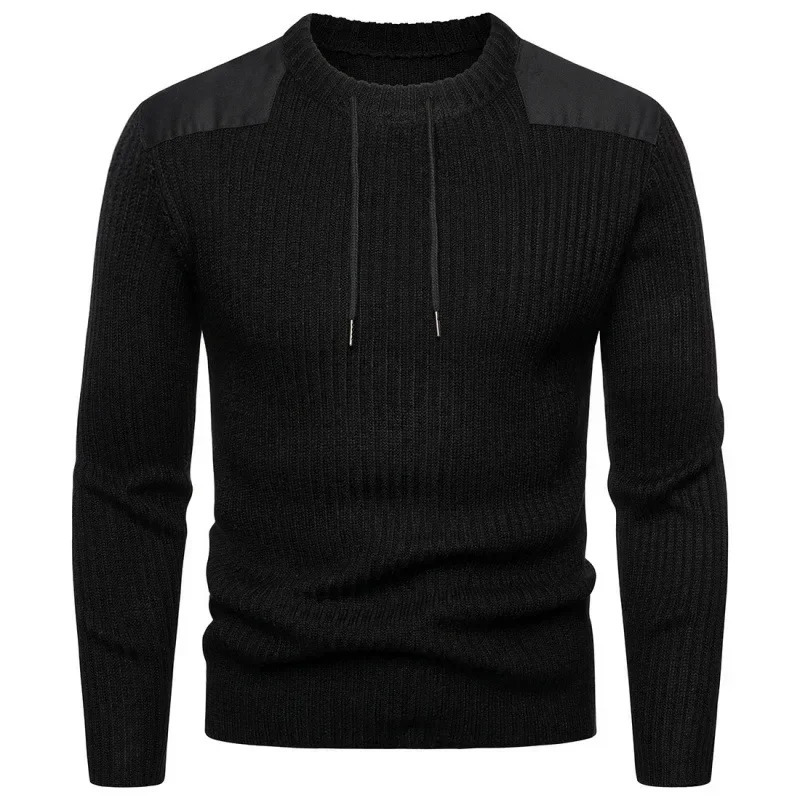 Mens Autumn and Winter Pullover Splicing Sweater Korean Version of Casual Loose Drawstring Round Neck Knitted Top 250114Z