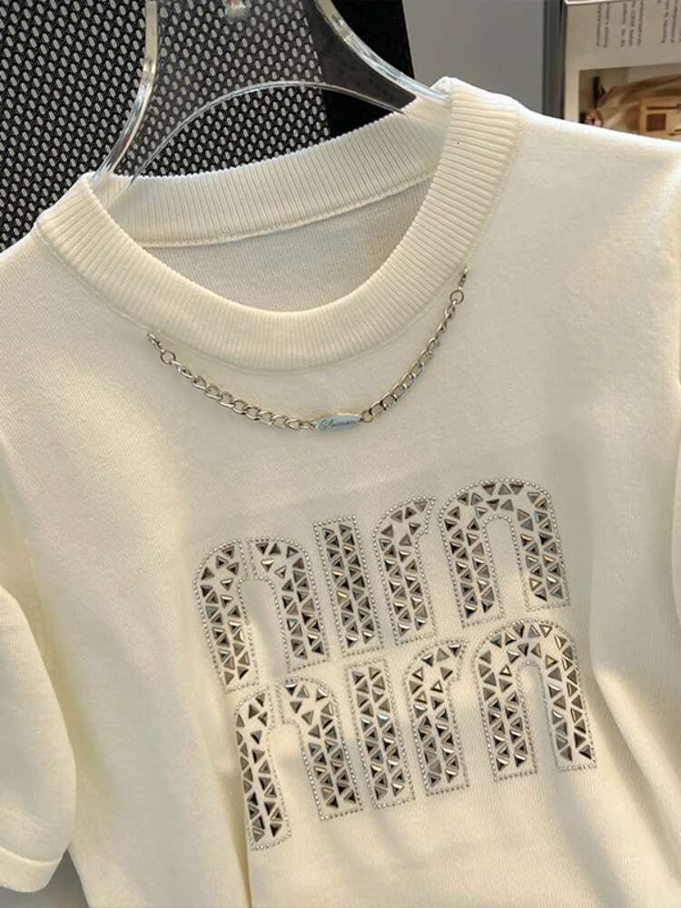 2024 Plus Size Hot Drilg Chain Loose T-Shirt Women Summer New Korean Style Elegant Casual Trendy Short Sleeve Top Base Shirt